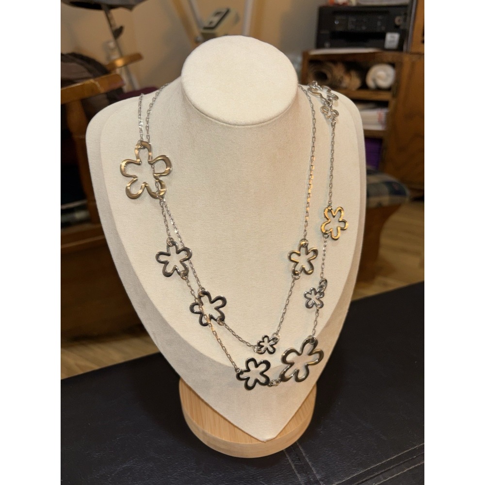 Lia Sophia "Blossom" Necklace Staggered Open Flowers Signed Retired Silver-Tone